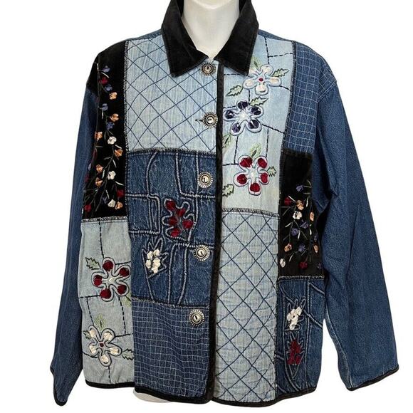 New Directions Denim Patchwork Quilted Velvet Embroidered Jean Jacket Vintage XL - Picture 1 of 16